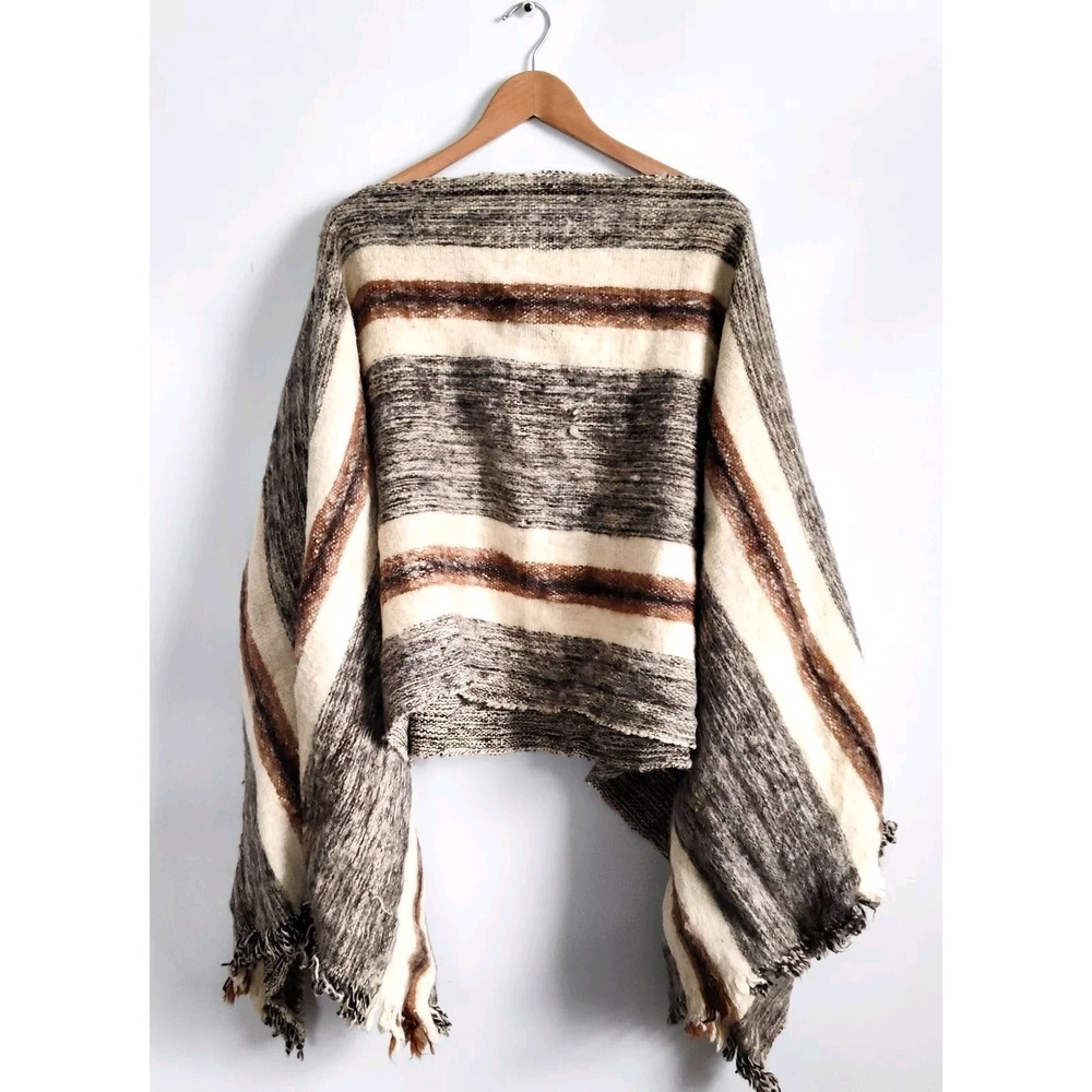 Vintage Womens Poncho Hand Knit Alpaca Llama Wool One Size Cream Brown Striped